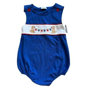 NWT Abby & Evie Patriotic Puppy Embroidered Baby Bubble Romper Sz 2 USA America